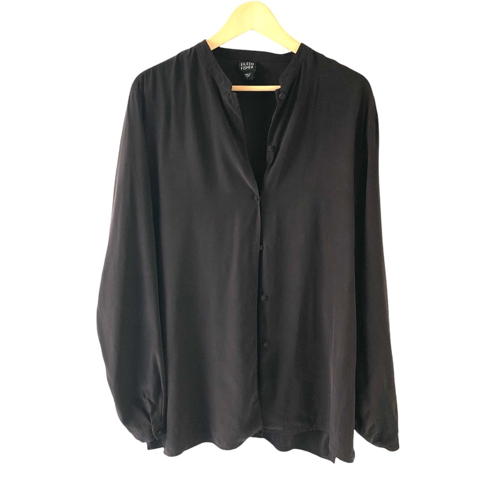 EILEEN FISHER Silk Top Long Sleeve Shirt Blouse Chocolate Brown Large Tunic.